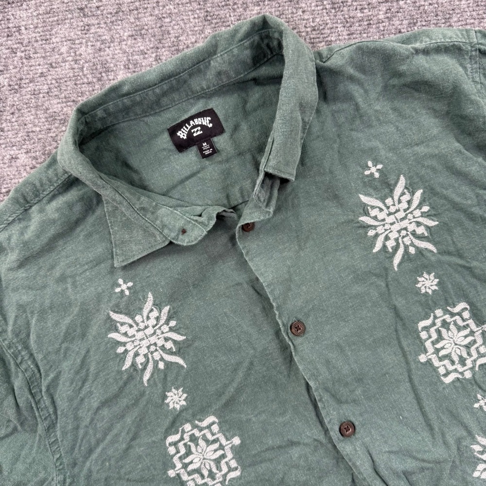 Billabong Button‎ Up Shirt M Green Linen Blend Embroidered Excellent Mens